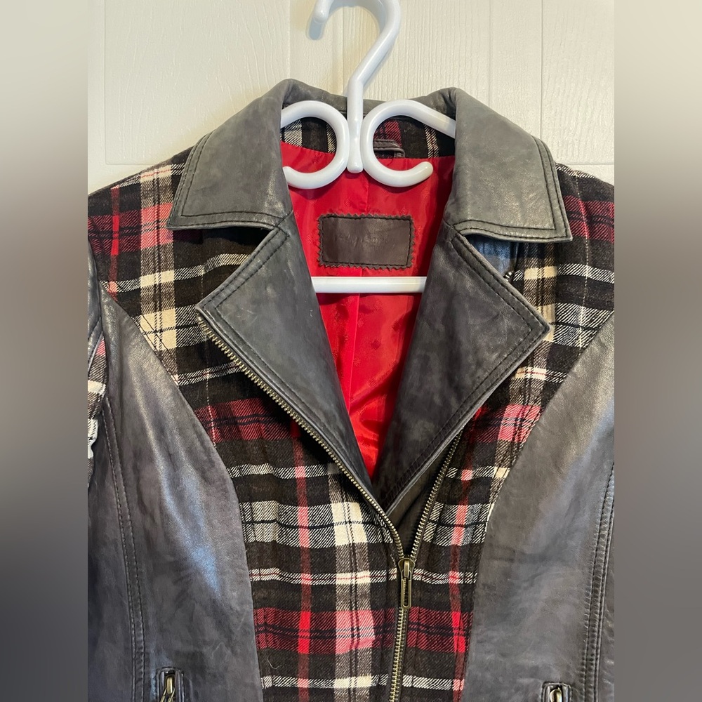 Betty Barclay Size 4 Leather & Plaid Wool Moto Jacket Mixed Media European - Picture 3 of 16